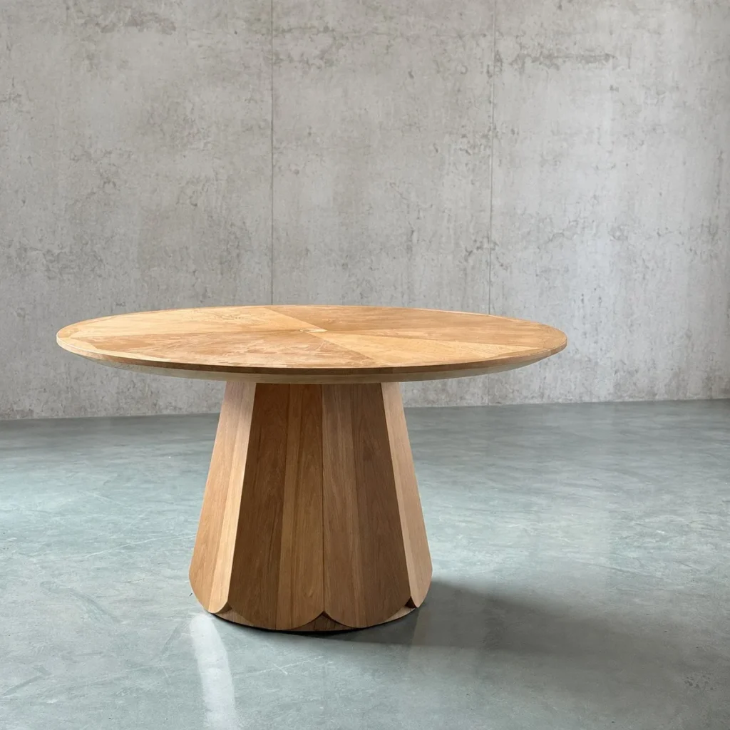 Textured White Oak Round Dining Table on Faceted Pedestal in natural oak — front view