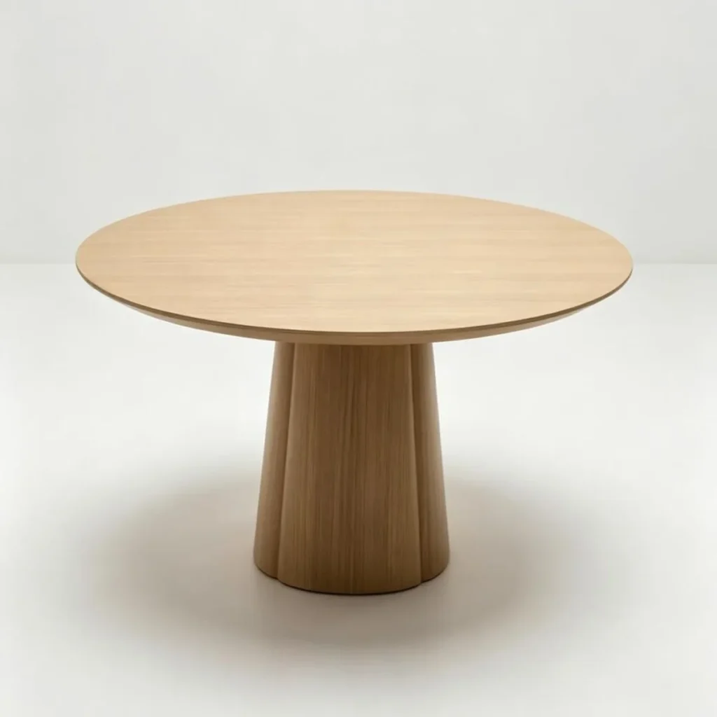 White Oak Round Dining Table on Faceted Cone Pedestal in natural oak — front view
