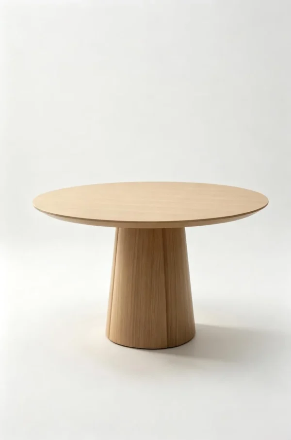 White Oak Round Dining Table on Faceted Cone Pedestal in natural oak — in a room setting