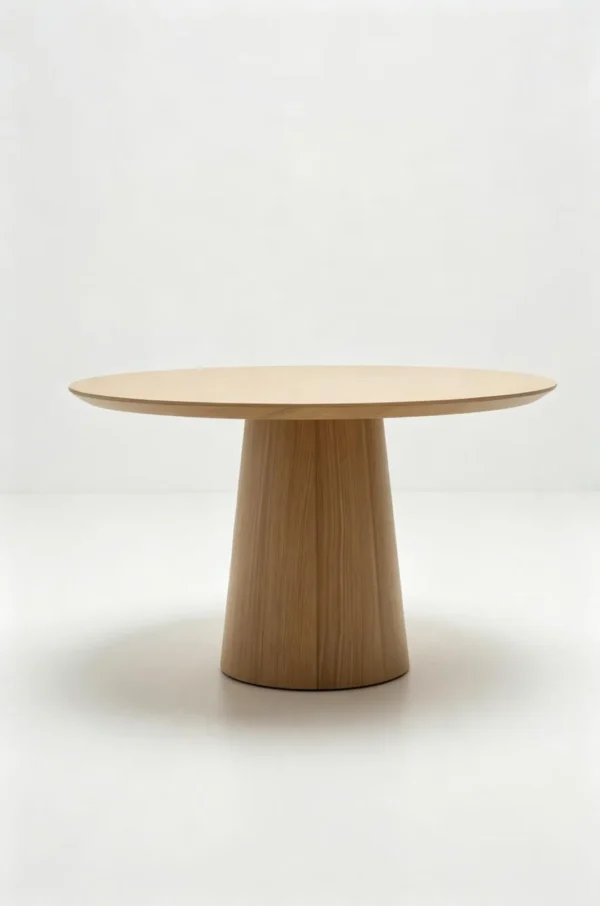White Oak Round Dining Table on Faceted Cone Pedestal in natural oak — in a room setting