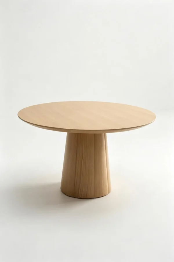 White Oak Round Dining Table on Faceted Cone Pedestal in natural oak — in a room setting