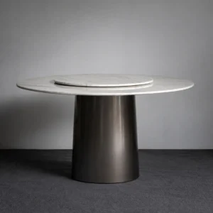 White Marble Round Table with Lazy Susan on Dark Cone Base in ivory — front view