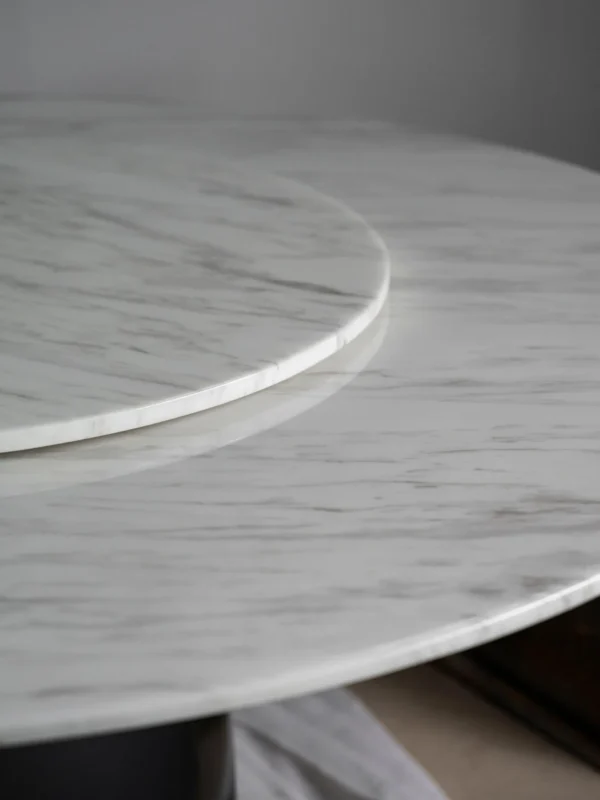 White Marble Round Table with Lazy Susan on Dark Cone Base in ivory — detail