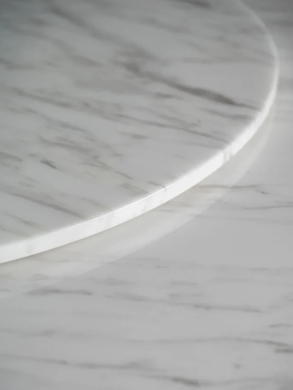 White Marble Round Table with Lazy Susan on Dark Cone Base in ivory — detail