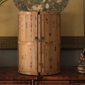 Round Folding Bamboo Treasure Cabinet with Jade Ring Pulls in clay — front view