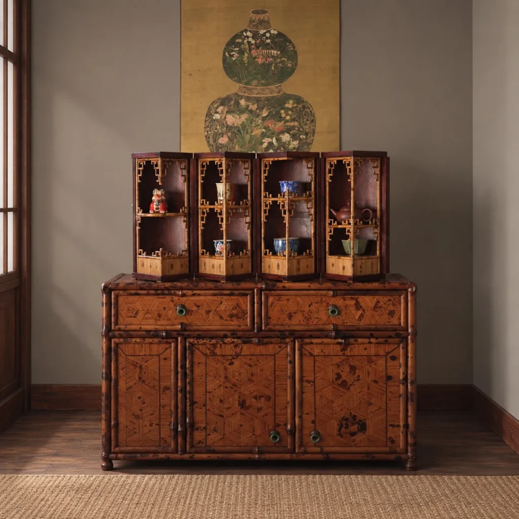 Round Folding Bamboo Treasure Cabinet with Jade Ring Pulls in clay — in a room setting