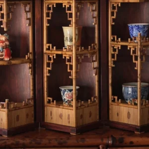 Round Folding Bamboo Treasure Cabinet with Jade Ring Pulls in clay — detail