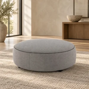 Large Round Grey Fabric Ottoman, 120 cm in slate — front view