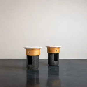Round Stone Side Table Pair on Wood and Black Stone Bases in oatmeal — front view