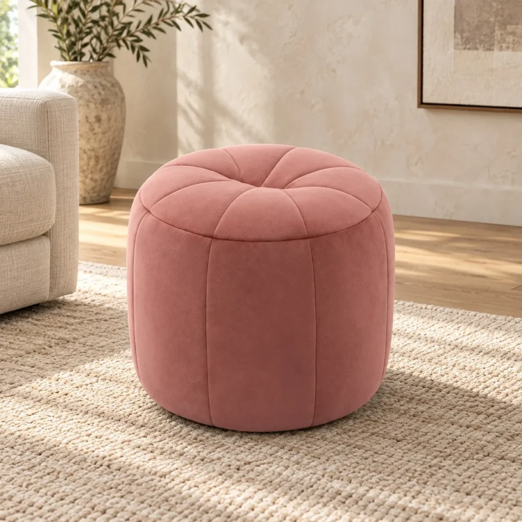 Dusty Pink Velvet Round Pouf with Sectioned Top, 44 x 43 cm in rose stone — front view