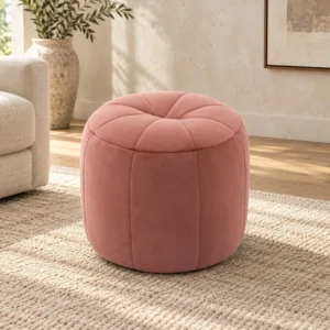 Dusty Pink Velvet Round Pouf with Sectioned Top, 44 x 43 cm in rose stone — front view