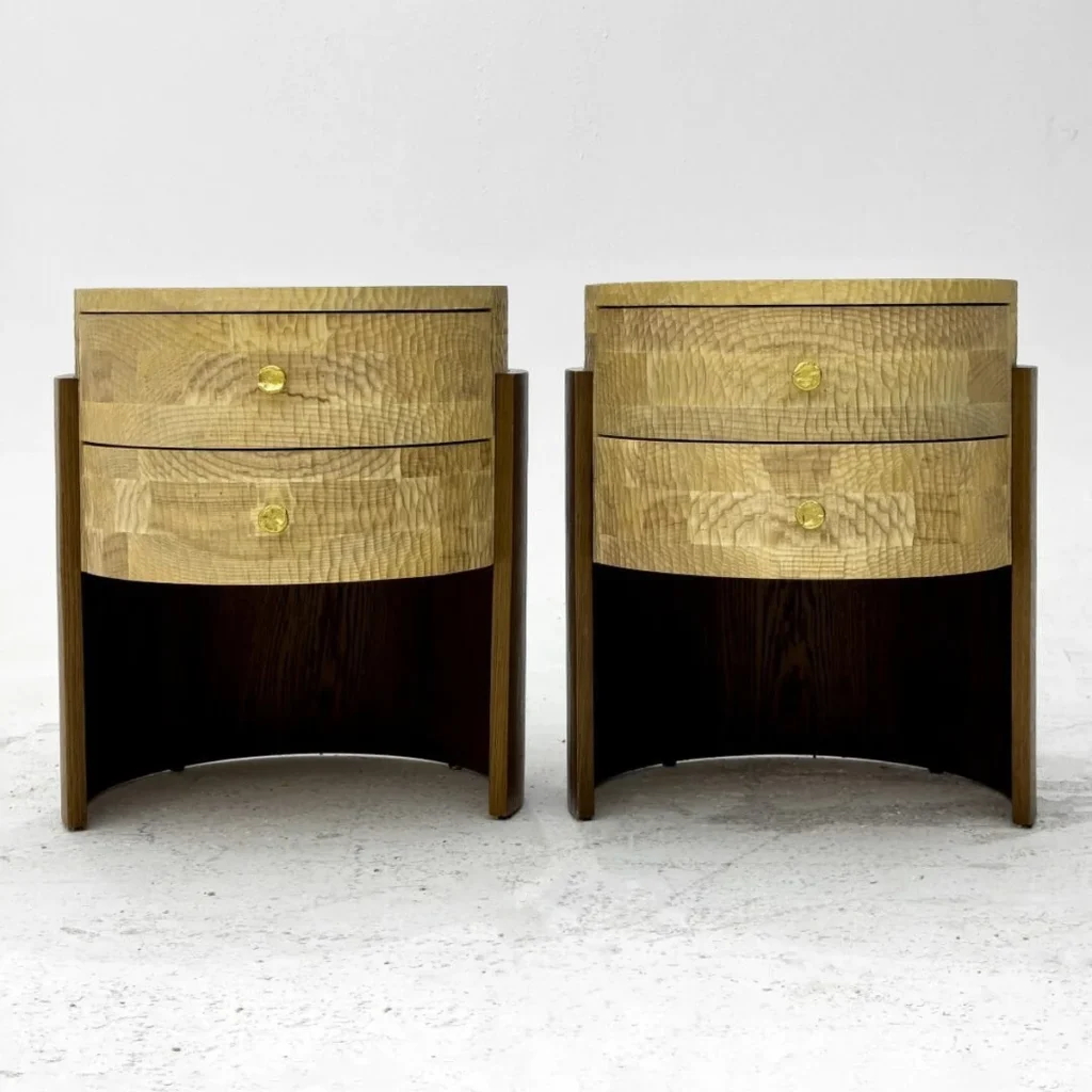 Round Two-Tone Oak Nightstand with Hammered Doors — front view