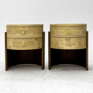 Round Two-Tone Oak Nightstand with Hammered Doors — front view
