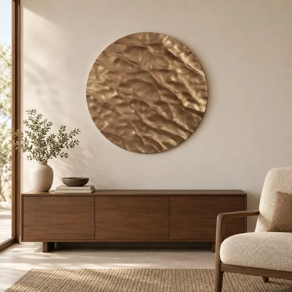 Round Hammered Bronze Disc Wall Art, 90 cm in bronze — front view