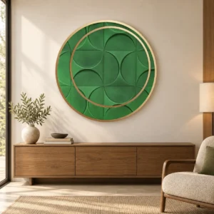 Round Green Lattice Relief with Brass Ring, 100 cm in olive — front view