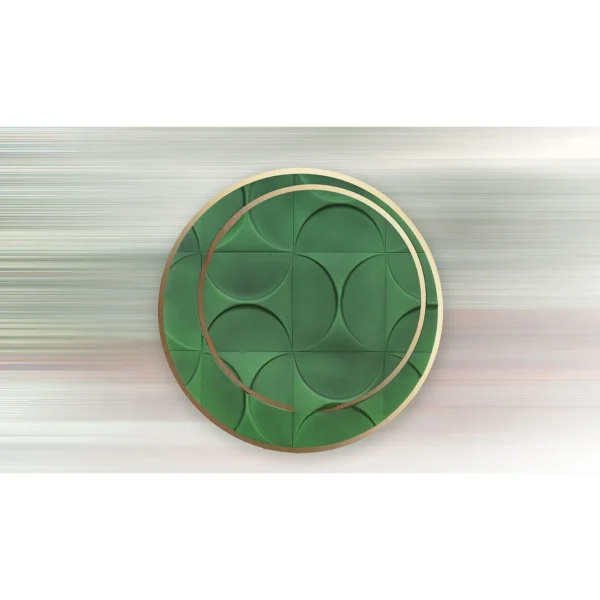 Round Green Lattice Relief with Brass Ring, 100 cm in olive — in a room setting