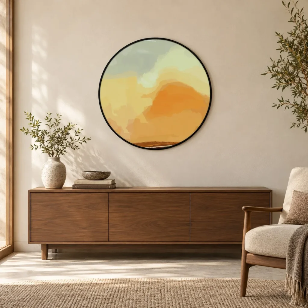 Round Sunset Wash Wall Art in Black Frame, 70 cm — front view