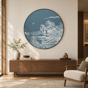 Round Navy Landscape Line Art Wall Art, 100 cm in blue — front view