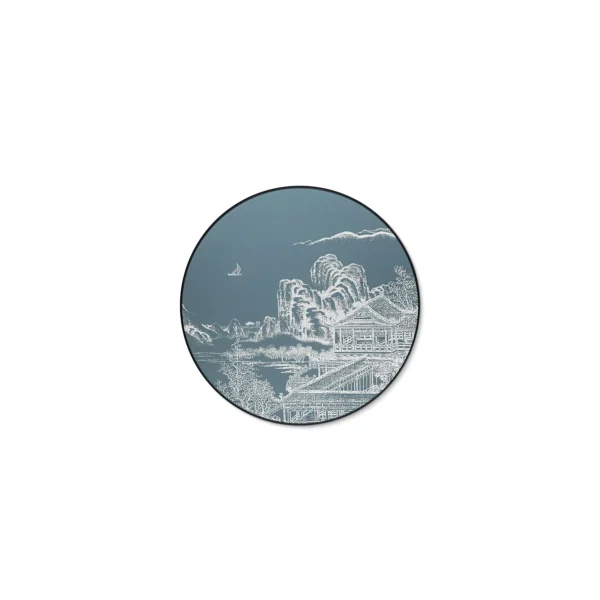 Round Navy Landscape Line Art Wall Art, 100 cm in blue — in a room setting
