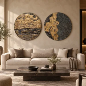 Round Gold and Charcoal Relief Wall Art Set of 2, 100 cm in brushed brass — front view