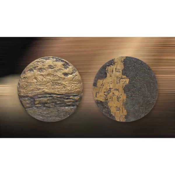 Round Gold and Charcoal Relief Wall Art Set of 2, 100 cm in brushed brass — in a room setting