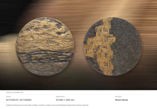 Round Gold and Charcoal Relief Wall Art Set of 2, 100 cm in brushed brass — dimensions