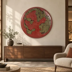 Round Red and Olive Relief Wall Art, 100 cm in red — front view