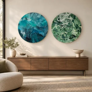 Round Teal and Green Painting Set of 2, 60 cm Each in blue — front view