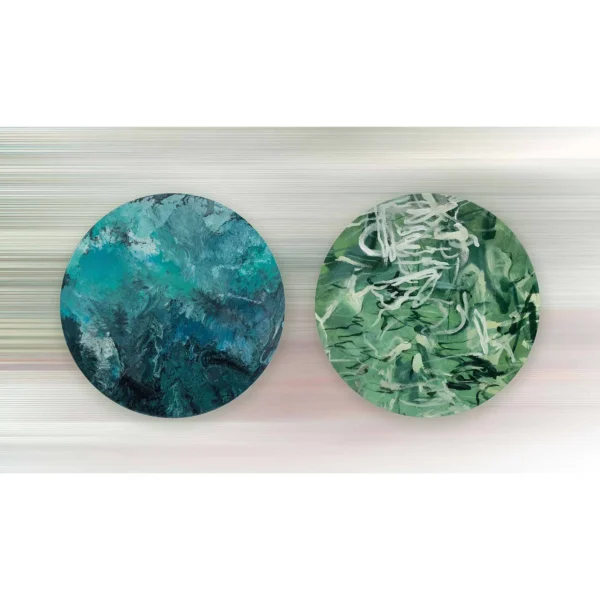 Round Teal and Green Painting Set of 2, 60 cm Each in blue — in a room setting