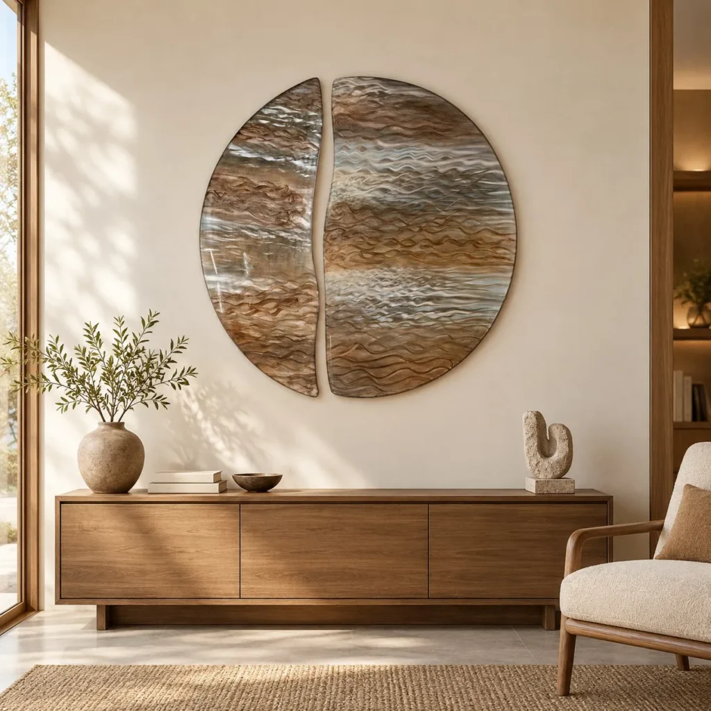 Split Round Marbled Wall Art in Bronze and Silver, 100 cm — front view