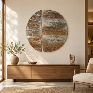 Split Round Marbled Wall Art in Bronze and Silver, 100 cm — front view