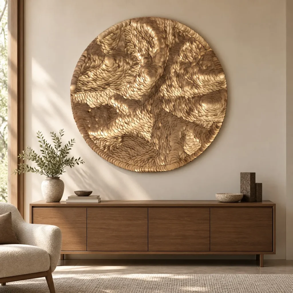 Round Gold Feather Relief Disc, 130 cm in brushed brass — front view