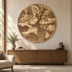 Round Gold Feather Relief Disc, 130 cm in brushed brass — front view