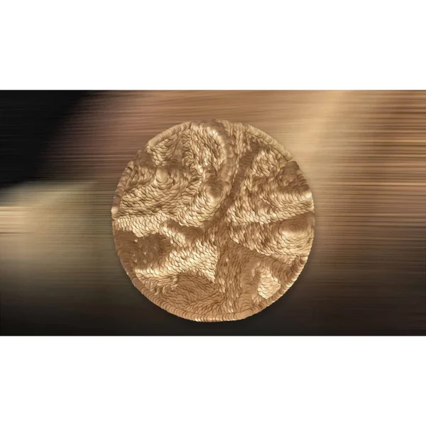Round Gold Feather Relief Disc, 130 cm in brushed brass — in a room setting
