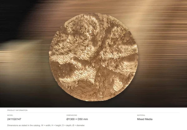 Round Gold Feather Relief Disc, 130 cm in brushed brass — dimensions