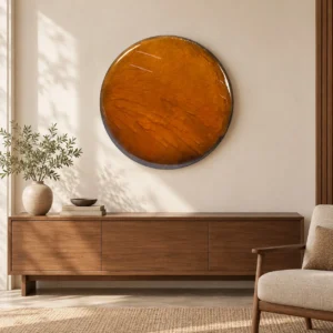 Round Amber Glass Disc Wall Art, 80 cm in rust — front view