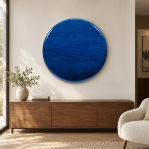 Round Deep Blue Glass Disc Wall Art, 80 cm in blue — front view