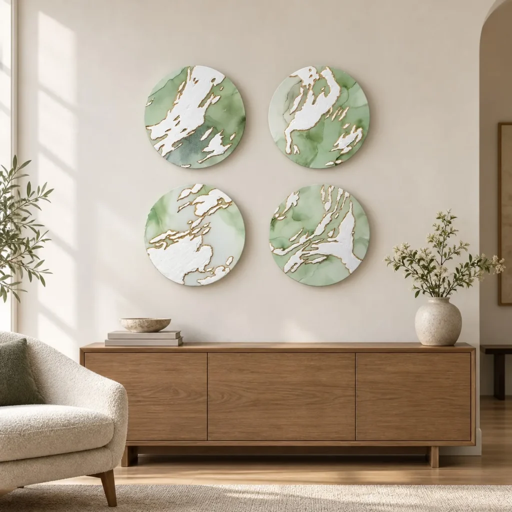 Round Sage Marble Ink Disc Set of 4, 35 cm Each in olive — front view