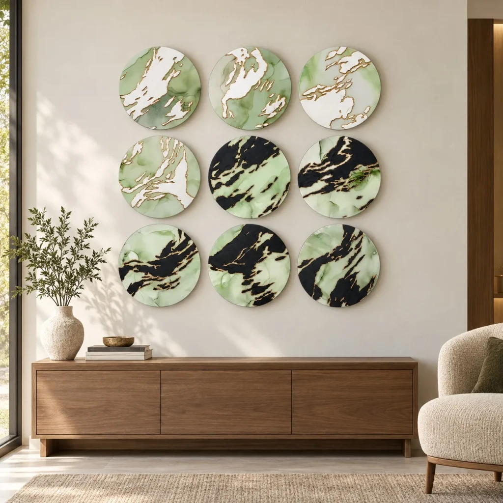 Round Sage Marble Ink Disc Set of 9, 35 cm Each in olive — front view