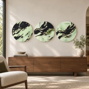 Round Sage and Black Marble Ink Disc Set of 3, 35 cm Each in olive — front view