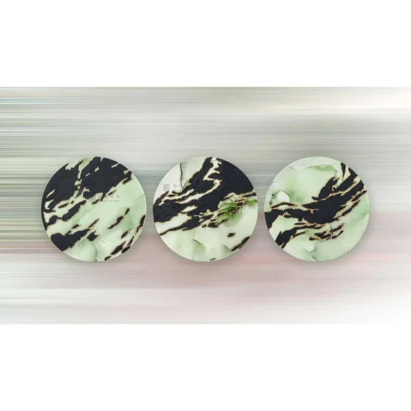 Round Sage and Black Marble Ink Disc Set of 3, 35 cm Each in olive — in a room setting