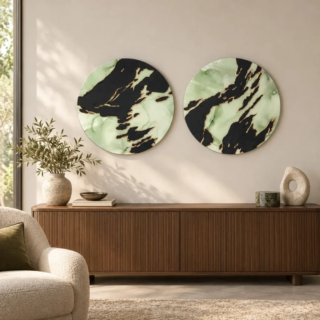 Round Sage and Black Marble Ink Disc Set of 2, 35 cm Each in olive — front view
