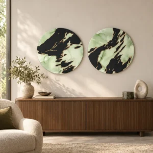 Round Sage and Black Marble Ink Disc Set of 2, 35 cm Each in olive — front view
