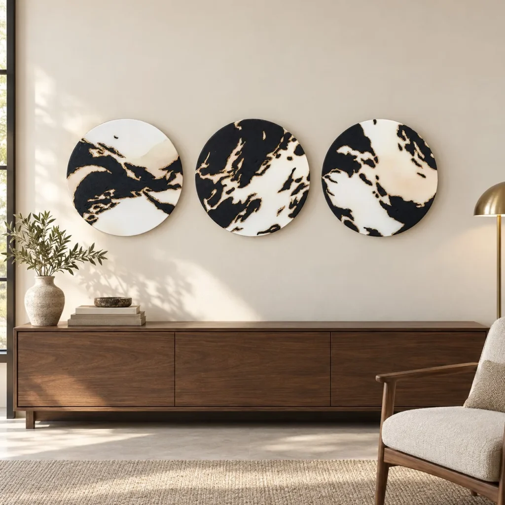 Round Black and Cream Marble Ink Disc Set of 3, 35 cm Each in black — front view