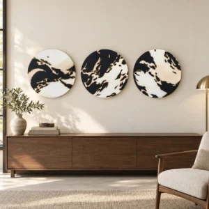 Round Black and Cream Marble Ink Disc Set of 3, 35 cm Each in black — front view