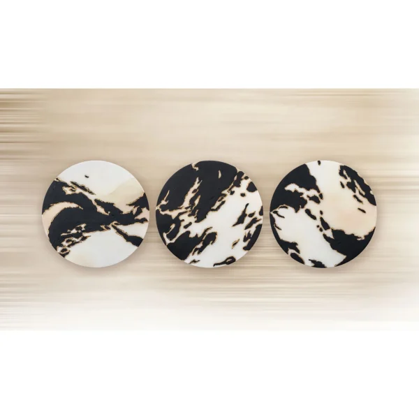 Round Black and Cream Marble Ink Disc Set of 3, 35 cm Each in black — in a room setting