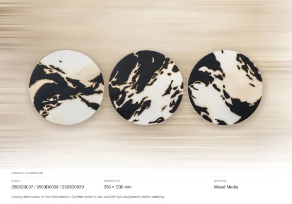 Round Black and Cream Marble Ink Disc Set of 3, 35 cm Each in black — dimensions