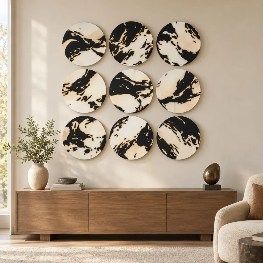 Round Black and Cream Marble Ink Disc Set of 9, 35 cm Each in black — front view