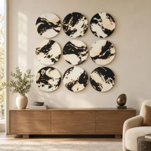 Round Black and Cream Marble Ink Disc Set of 9, 35 cm Each in black — front view