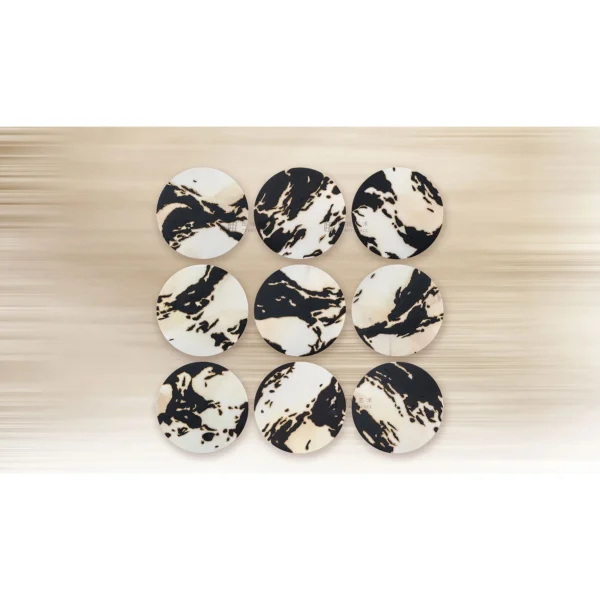 Round Black and Cream Marble Ink Disc Set of 9, 35 cm Each in black — in a room setting